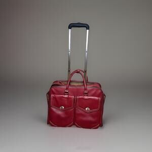 FranklinCovey Red Leather Rolling carry-on, Vintage Case with Telescopic Handle
